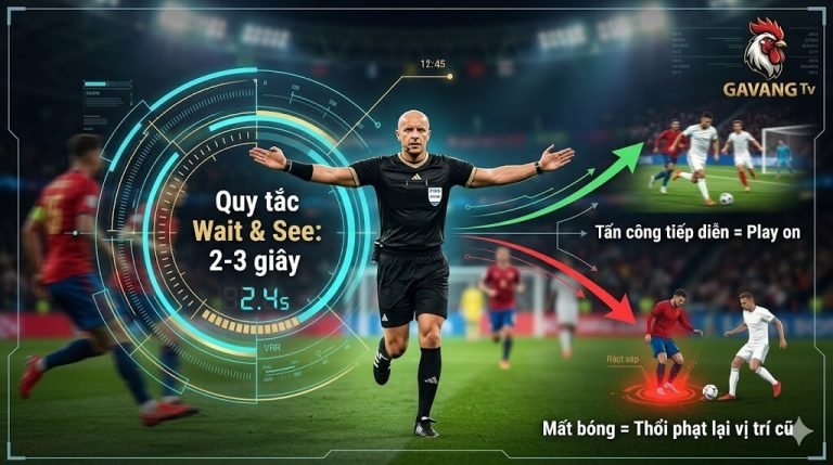 Đồ họa mô phỏng quy tắc Wait and See 2-3 giây giúp trọng tài ra quyết định áp dụng quyền lợi thế hay thổi phạt. Kiến thức luật bóng đá từ chuyên gia Gavang TV.