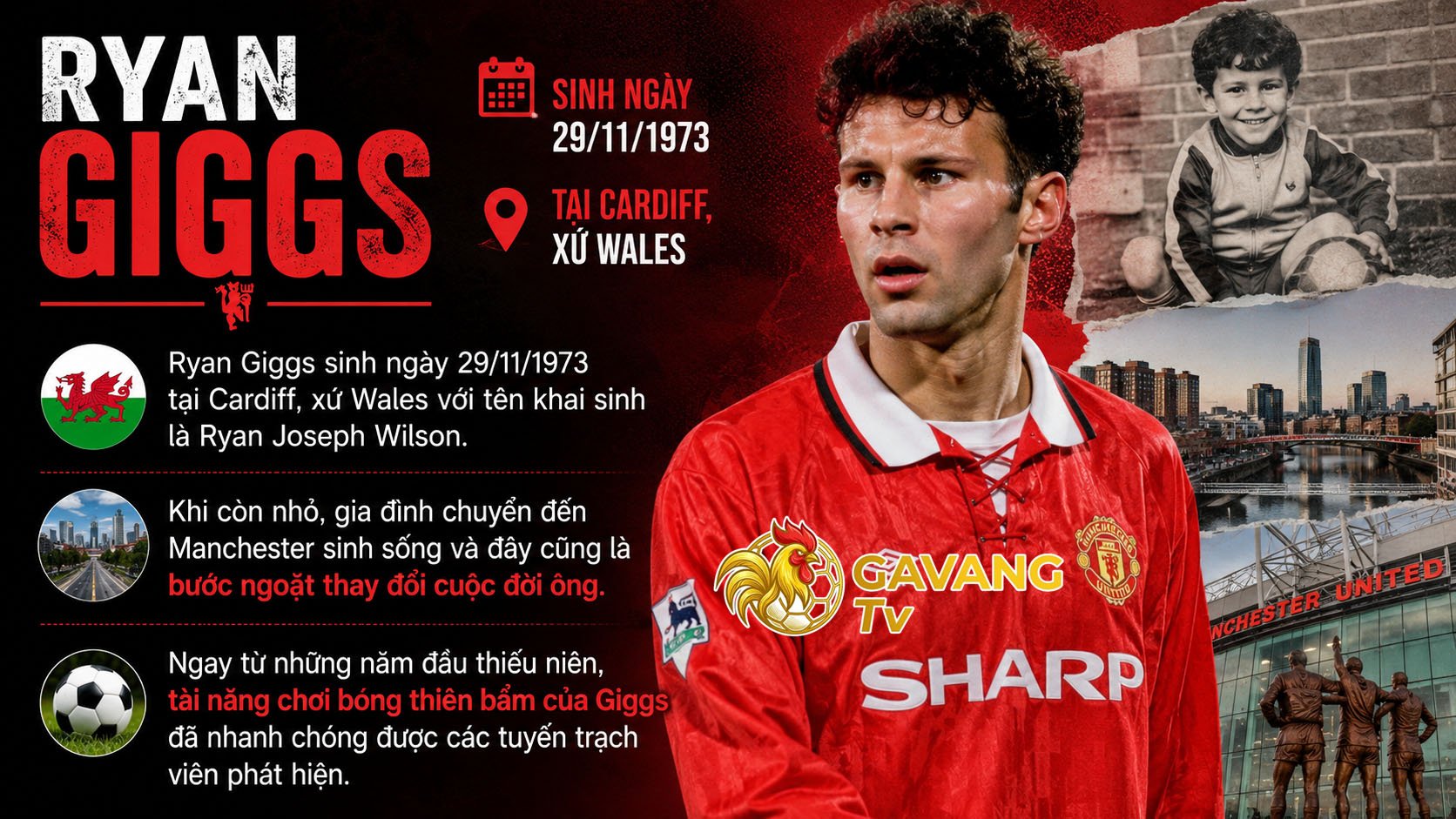 Ryan Giggs sinh ngày 29/11/1973 tại Cardiff, xứ Wales