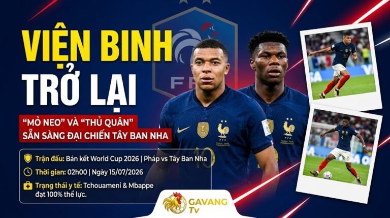 Gavang TV cập nhật lực lượng: Kylian Mbappe và Aurelien Tchouameni đạt 100% thể lực, sẵn sàng trở lại đội hình tuyển Pháp đại chiến Tây Ban Nha tại bán kết World Cup 2026.