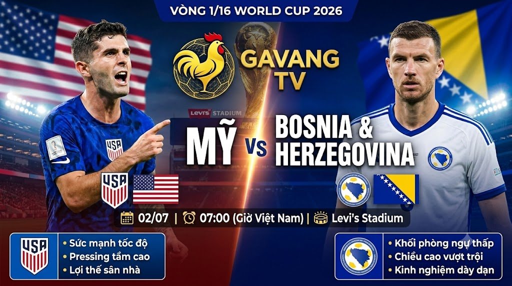 Nhận định trận đấu Mỹ vs Bosnia & Herzegovina vòng 1/16 World Cup 2026, trực tiếp lúc 07h00 ngày 2/7 tại Levi's Stadium.