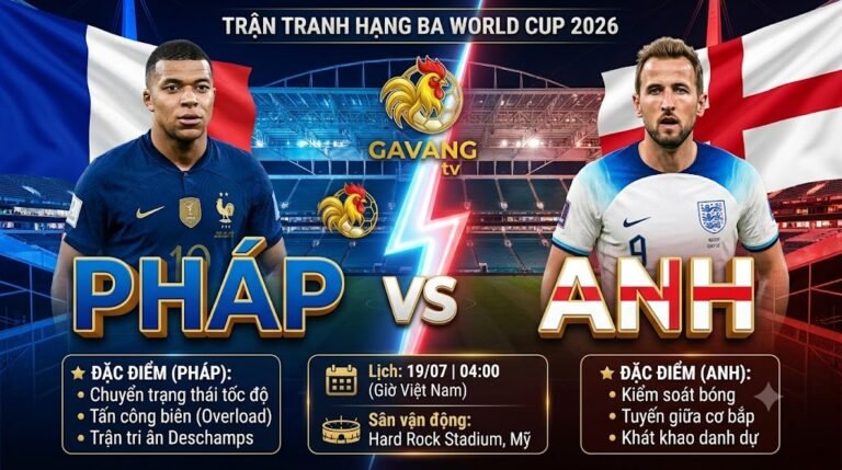 Ảnh bìa nhận định trận đấu Pháp vs Anh tranh hạng 3 World Cup 2026 với Kylian Mbappe và Harry Kane tại Gavang TV.