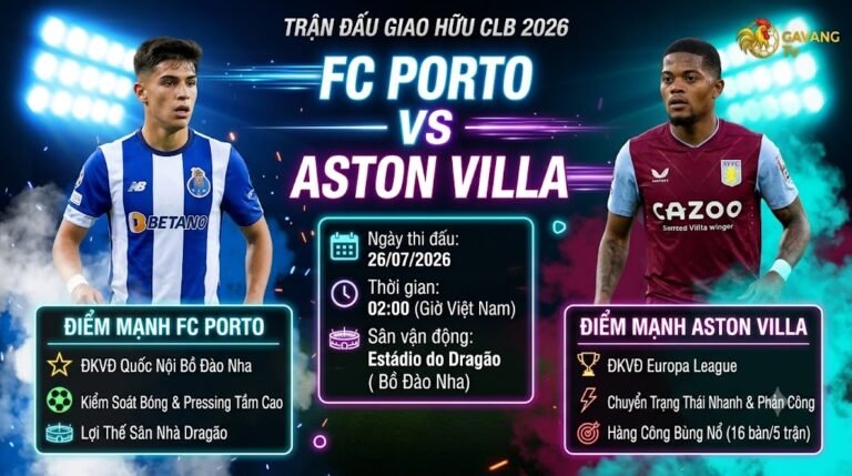 Nhận định trận đấu giao hữu FC Porto vs Aston Villa lúc 02h00 ngày 26/07 - Cập nhật trực tiếp trên Gavang TV
