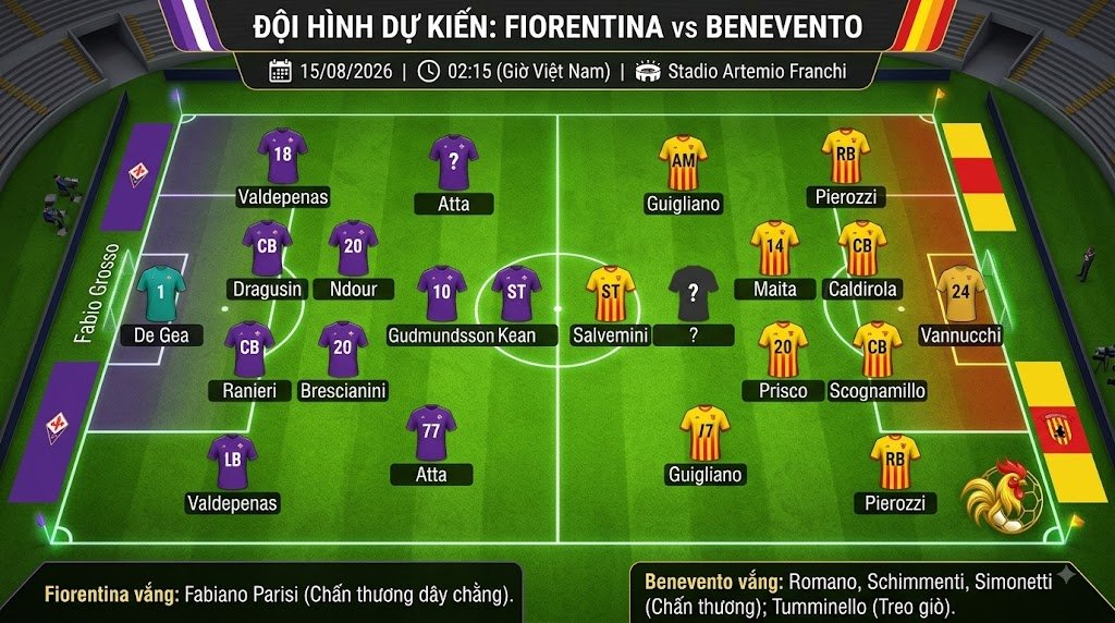 Sơ đồ chiến thuật và đội hình dự kiến trận Fiorentina vs Benevento rạng sáng 15/08/2026