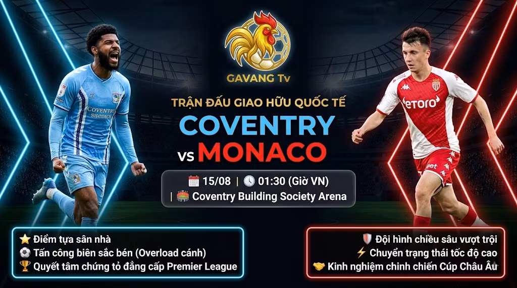 Nhận định bóng đá trận Coventry vs Monaco 01h30 ngày 15/08 - Gavang TV.