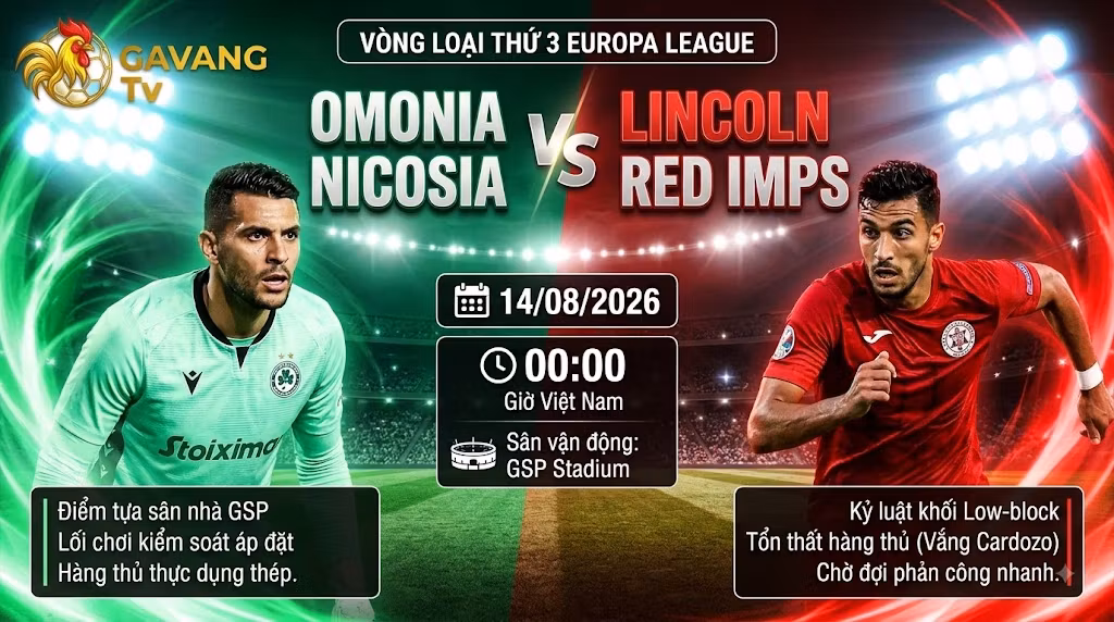 Nhận định trận đấu Omonia Nicosia vs Lincoln Red Imps vòng loại Europa League cập nhật tại Gavang TV.