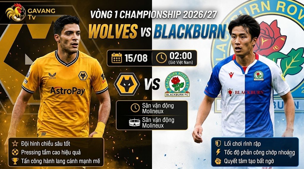 Nhận định bóng đá Wolves vs Blackburn vòng 1 giải Championship 2026/27, phân tích điểm mạnh và tỷ lệ kèo chi tiết tại Gavang TV.