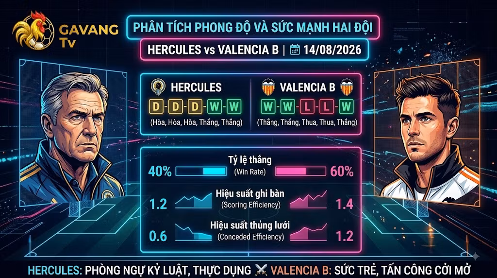 Bảng phân tích phong độ, tỷ lệ thắng và thống kê sức mạnh trận Hercules vs Valencia B.